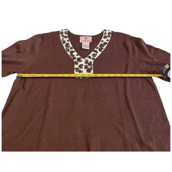 Quacker Factory Embellished Top Womens Large Brown Tunic V Neck Beaded Tassel - Picture 4 of 6